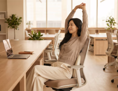 Employee stretching her arms overhead during a BetterMe desk break at an open-plan office workstation