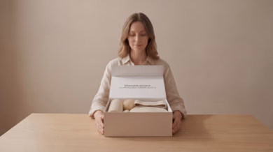 Employee opening a BetterMe Business wellness welcome box with a foam roller and massage ball