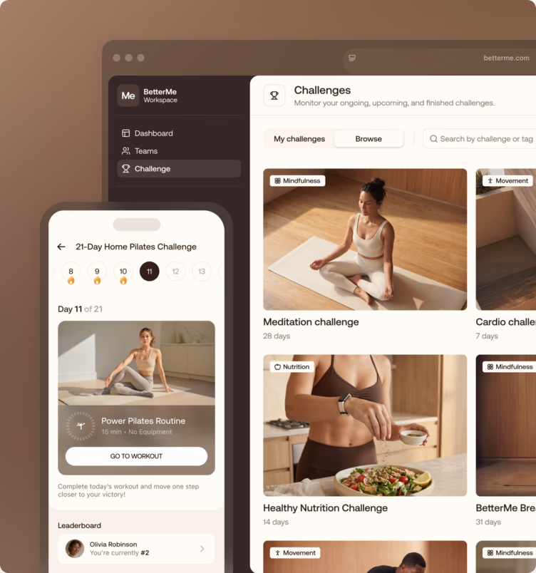 BetterMe Business challenges dashboard with the mobile app challenge tracker