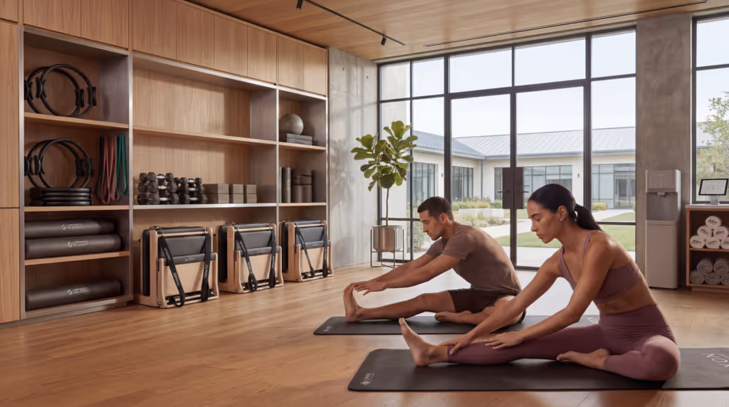 Two colleagues stretching side by side on yoga mats in a bright studio during a corporate wellness session