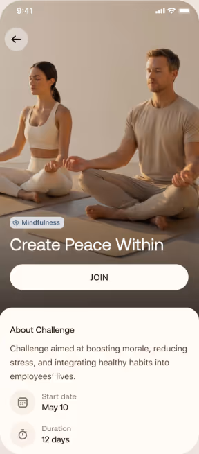 BetterMe app screen on a smartphone showing a mindfulness challenge invite with a Join button, start date, and 12-day duration
