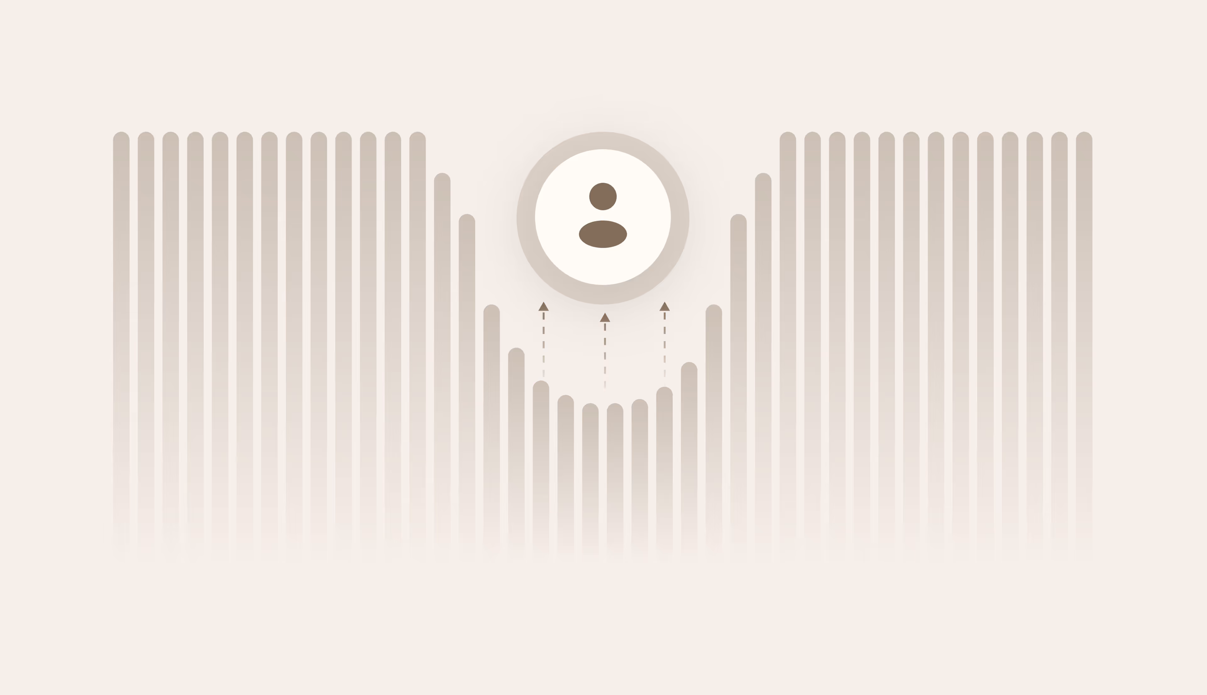 A row of bars dipping in the middle, with arrows lifting an employee icon back up
