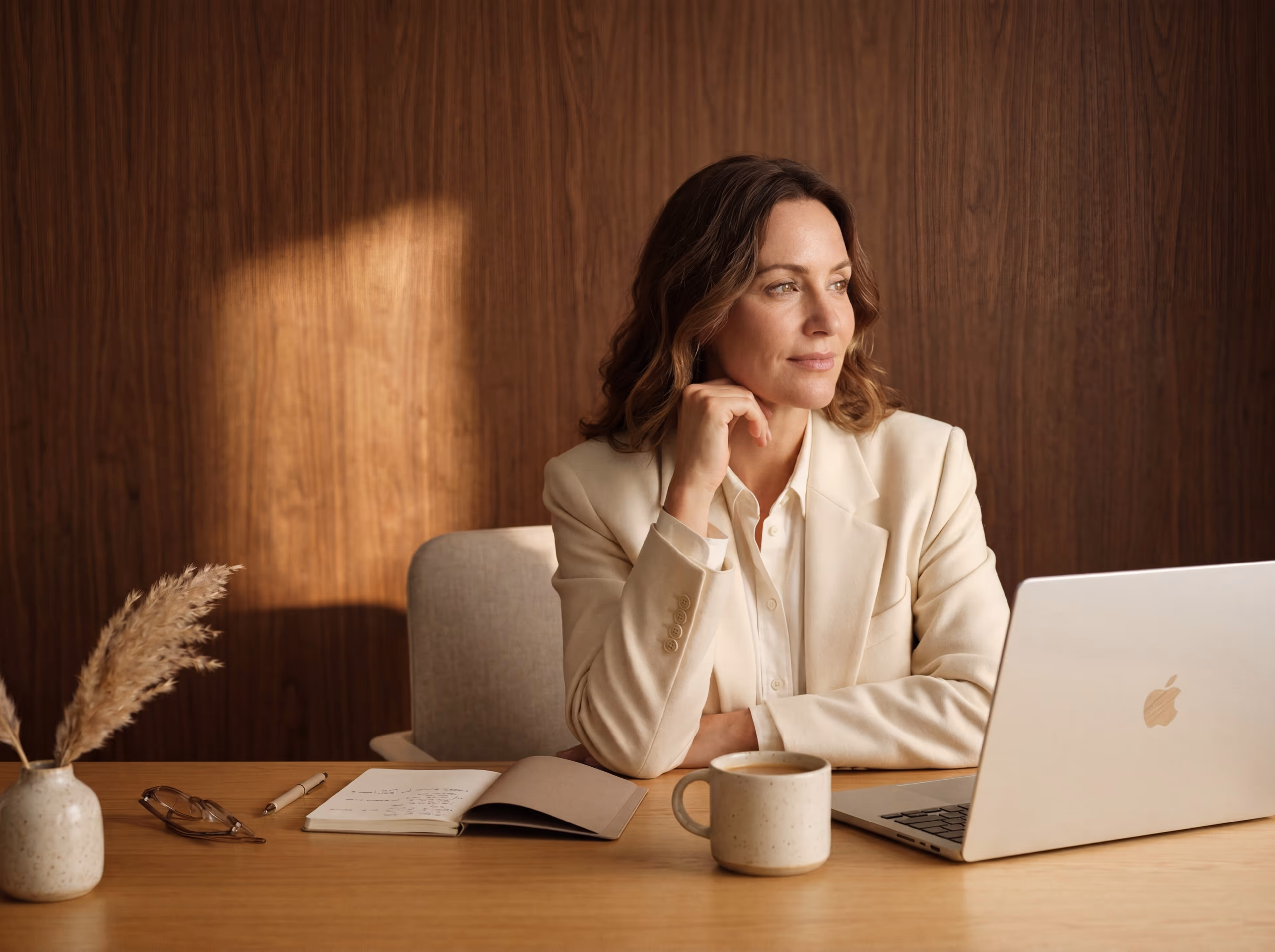 An HR leader at her desk with an open laptop, looking away in thought