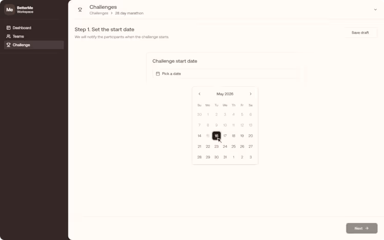 BetterMe Workspace admin portal showing Step 1 of challenge setup with a calendar open to pick the challenge start date